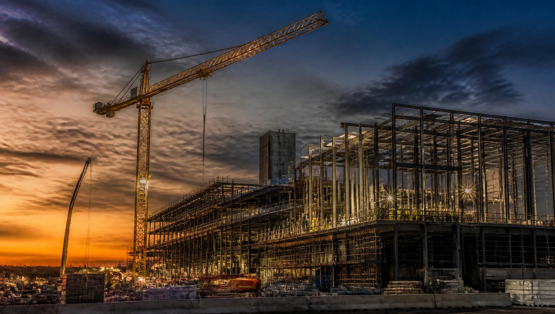 Commercial construction project at dusk